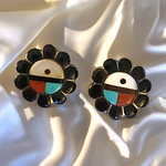 Vintage Sterling Silver Zuni Inlay Sun God Clip Earrings