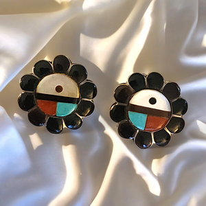 Vintage Sterling Silver Zuni Inlay Sun God Clip Earrings