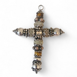 Vintage 1980s Clear Quartz and Tiger's Eye Beaded Italian Sterling Silver Cross Pendant