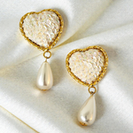 White Sequin Heart Gold Rope Trim Pearl Dangle Vintage Earrings