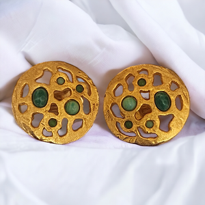 Estrucan Eyptian Revival Cabochon Studded Openwork Clip-on Earrings