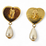 White Sequin Heart Gold Rope Trim Pearl Dangle Vintage Earrings