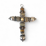 Vintage 1980s Clear Quartz and Tiger's Eye Beaded Italian Sterling Silver Cross Pendant