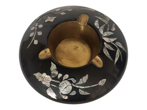 Brass Inlayed Mother of Pearl Shell Black Lacquer Vintage Ashtray