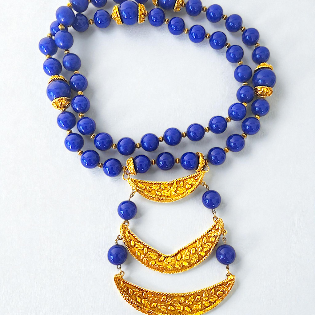 KJL Kenneth Jay Lane Gold Gilt Lapis Statement Necklace – 1970s Rare