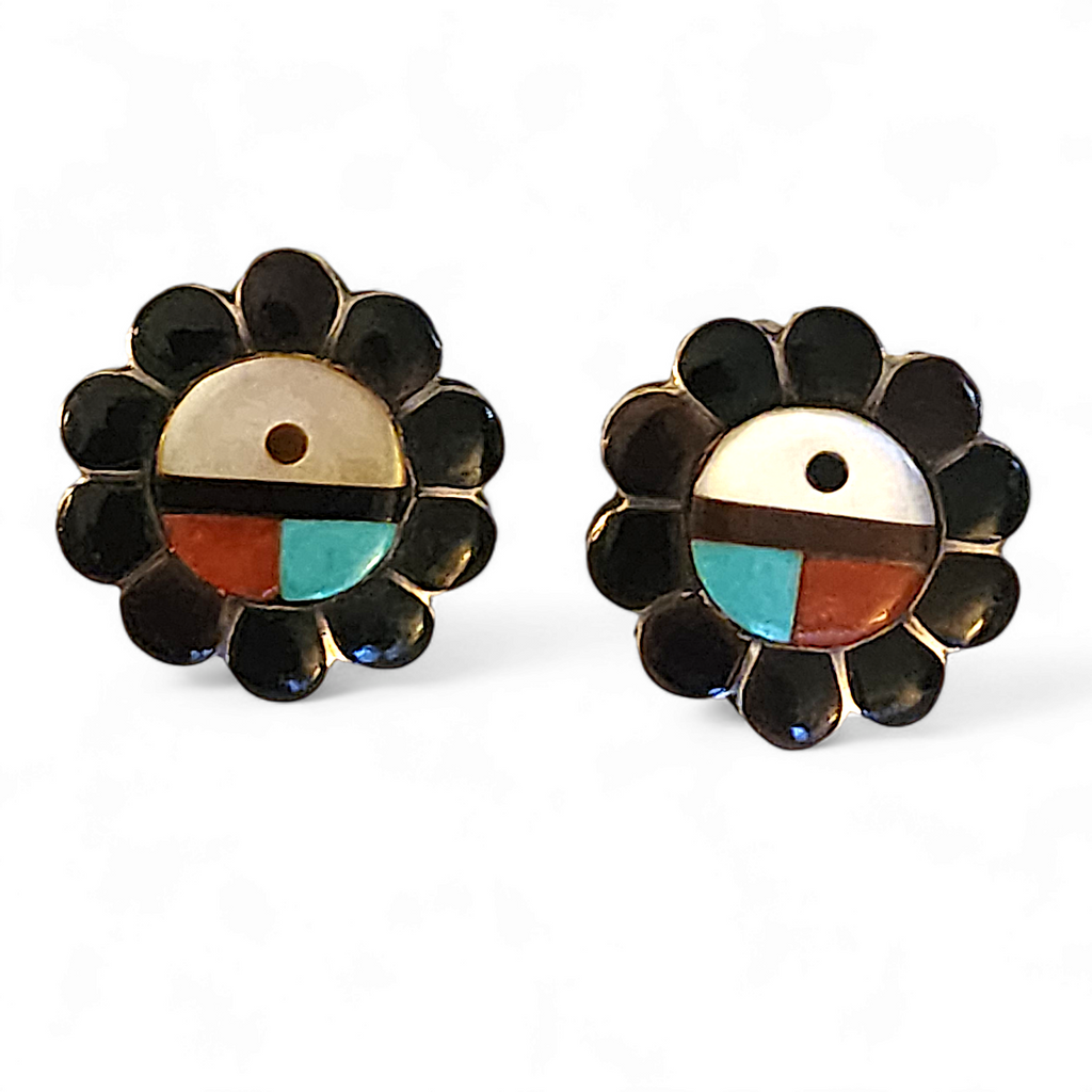 Vintage Sterling Silver Zuni Inlay Sun God Clip Earrings
