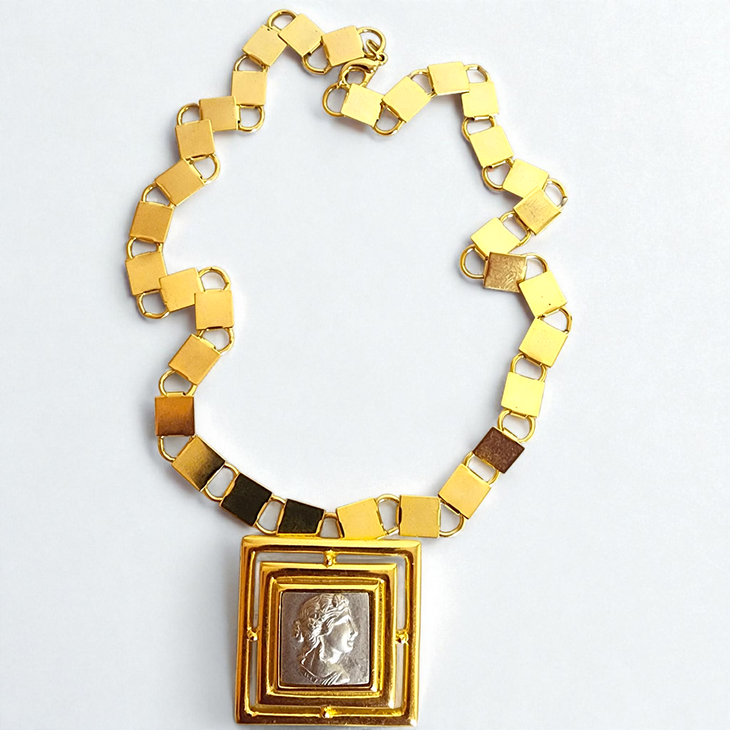 Allison Reed Designer Cameo Pendant Brooch Gold Plated Vintage Necklace 20" NOS