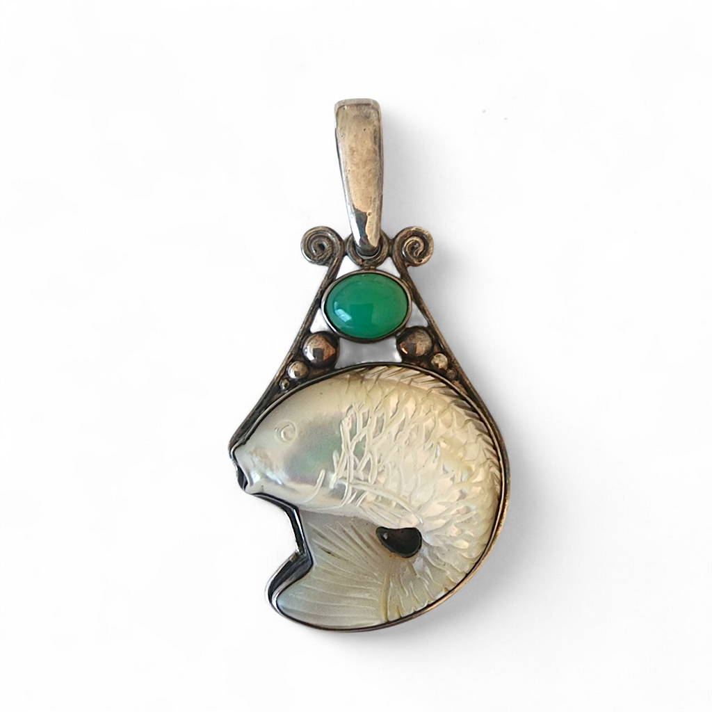 Vintage Sajen Sterling Silver Koi Fish Pendant with Mother of Pearl and Green Chalcedony- Statement Jewelry
