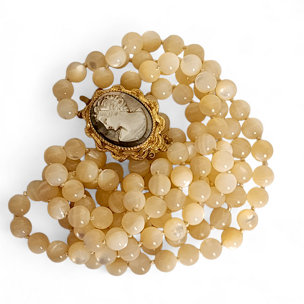 Mother of Pearl Double-Strand Vintage Necklace with Removable Cameo Brooch