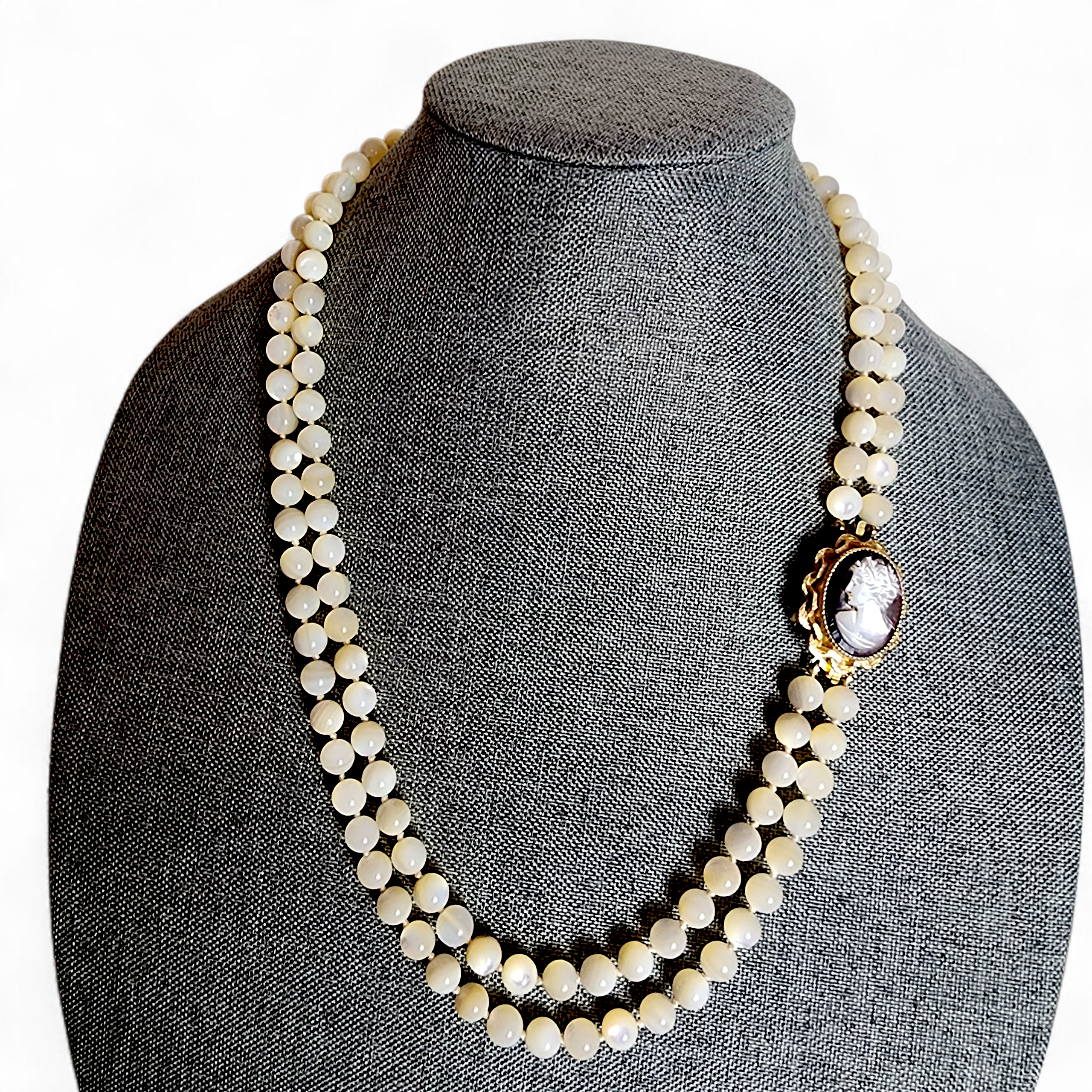 Mother of Pearl Double-Strand Vintage Necklace with Removable Cameo Brooch