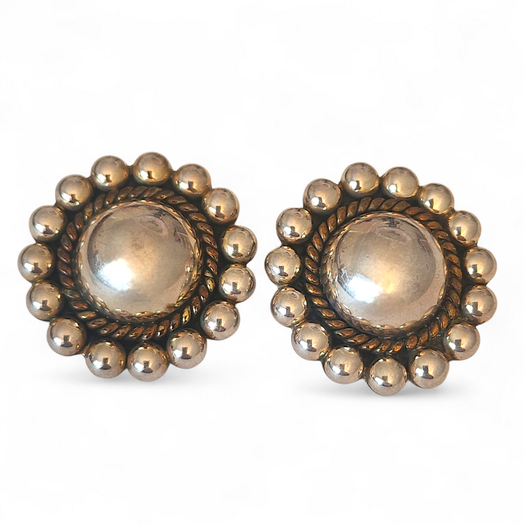 Taxco Sterling Silver Beaded Half Dome Clip Earrings – Vintage 1.5” Mexican Silver Jewelry