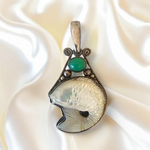 Vintage Sajen Sterling Silver Koi Fish Pendant with Mother of Pearl and Green Chalcedony- Statement Jewelry