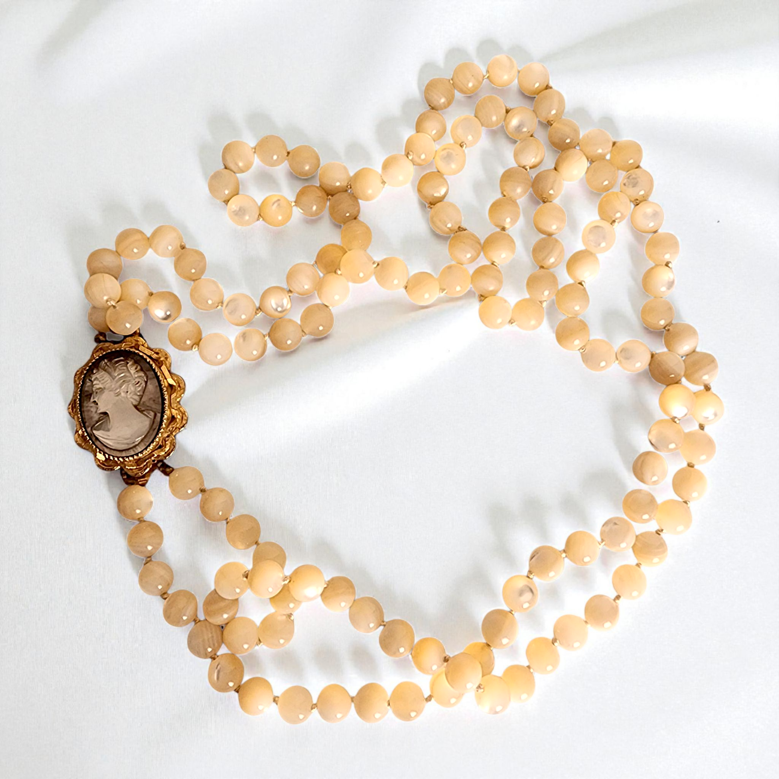 Mother of Pearl Double-Strand Vintage Necklace with Removable Cameo Brooch