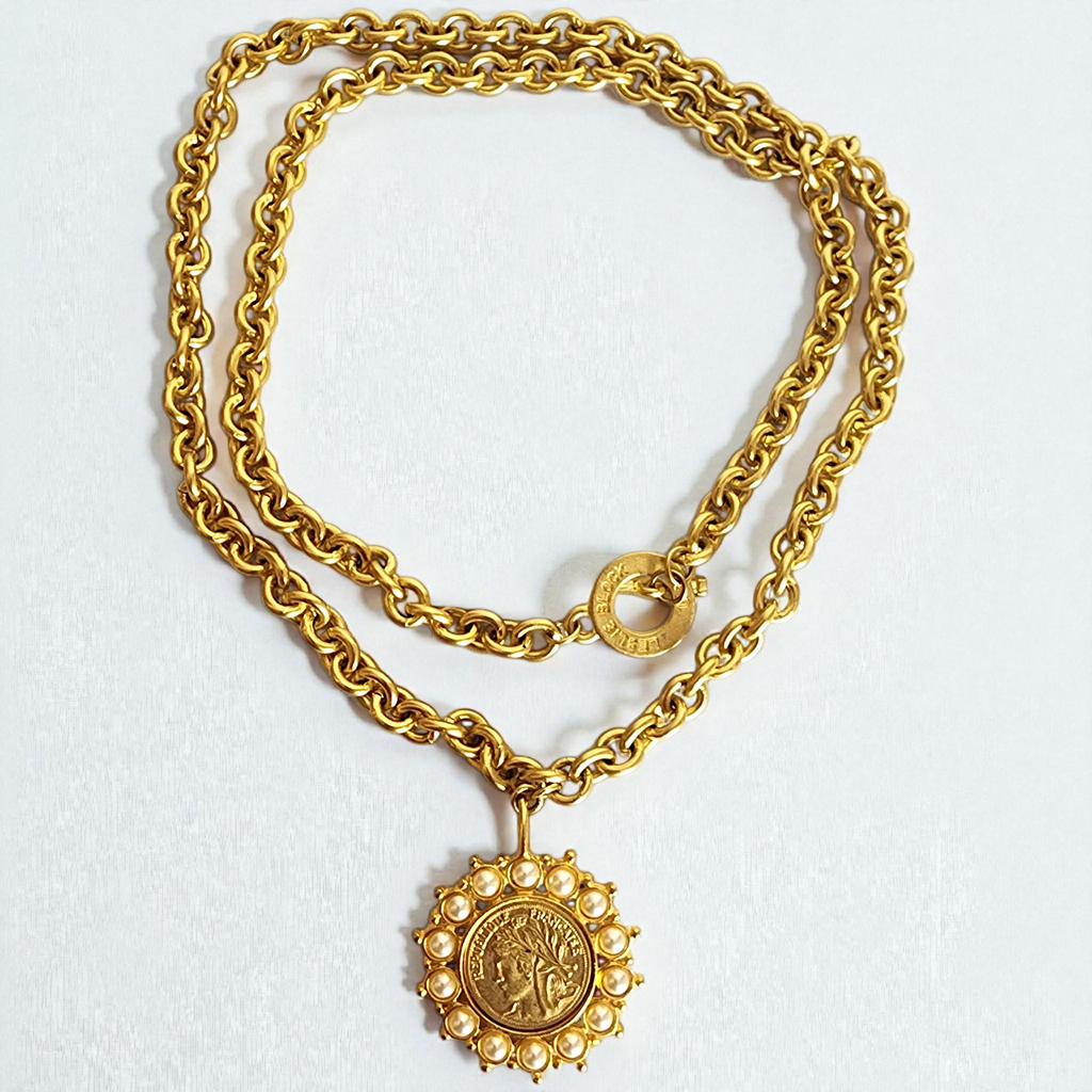 Leslie Block 40" Etruscan Gold Plated Vintage Coin Necklace NOS