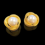 Huge Rope Faux Domed Pearl Design Gold Plated Clip On Vintage Earrings - Chanel Style