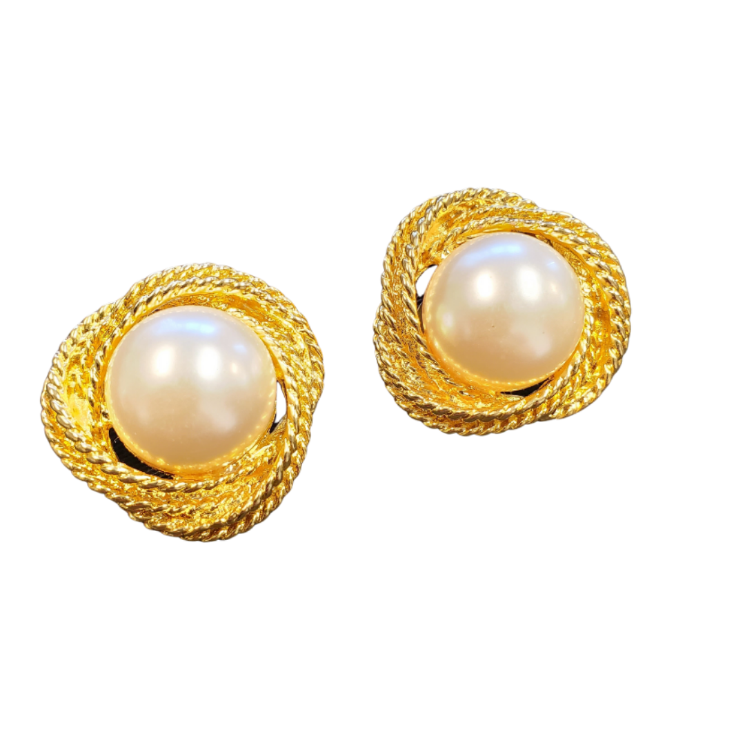 Huge Rope Faux Domed Pearl Design Gold Plated Clip On Vintage Earrings -  Chanel Style