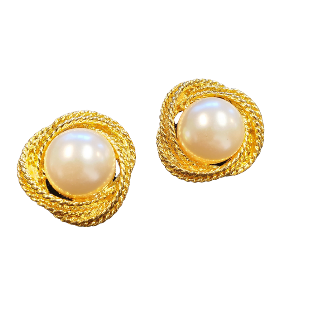 Lot - Chanel Gold Tone Vintage Faux Pearl Clip Earrings