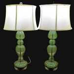 PAIR OF RIBBED GREEN GLASS TABLE LAMPS WITH SHADE