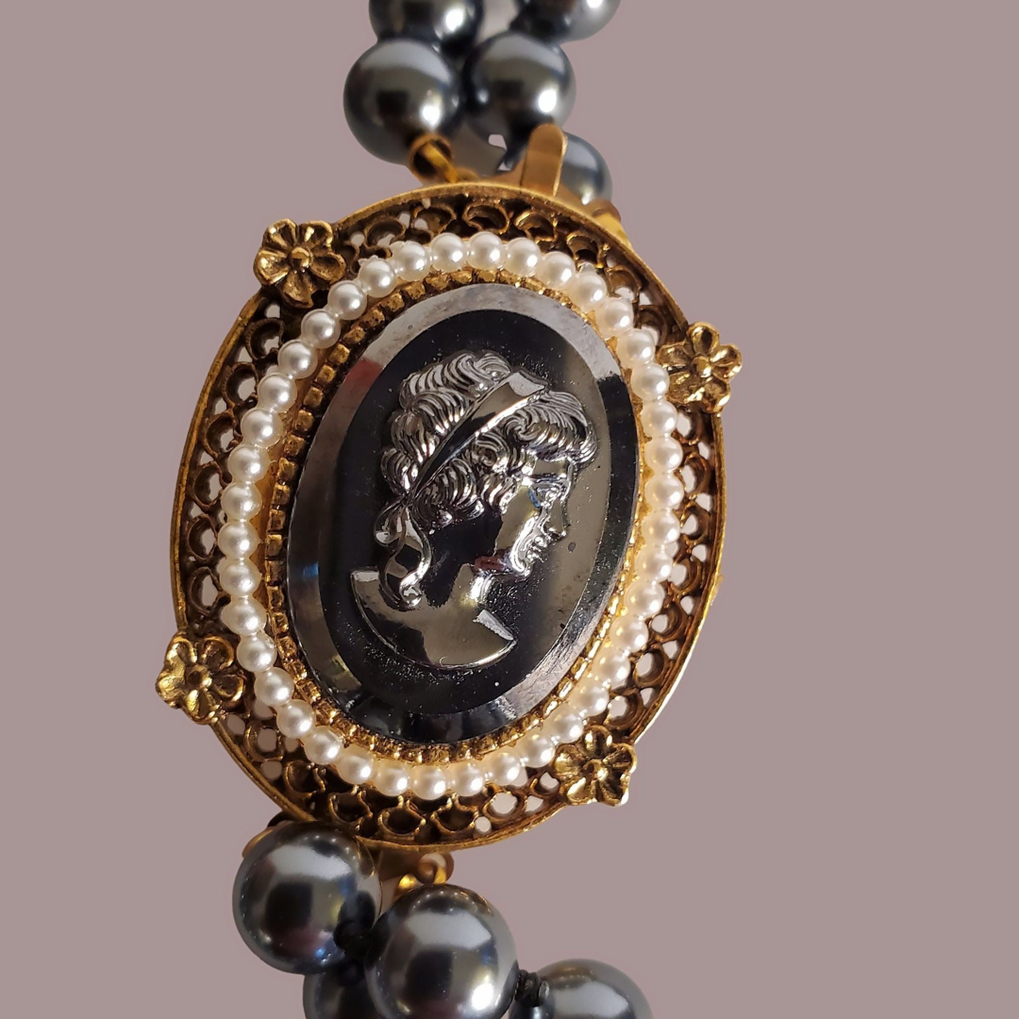 Vintage Menorca Double Strand Hematite Removeable Cameo Brooch  Clasp Pearl Necklace