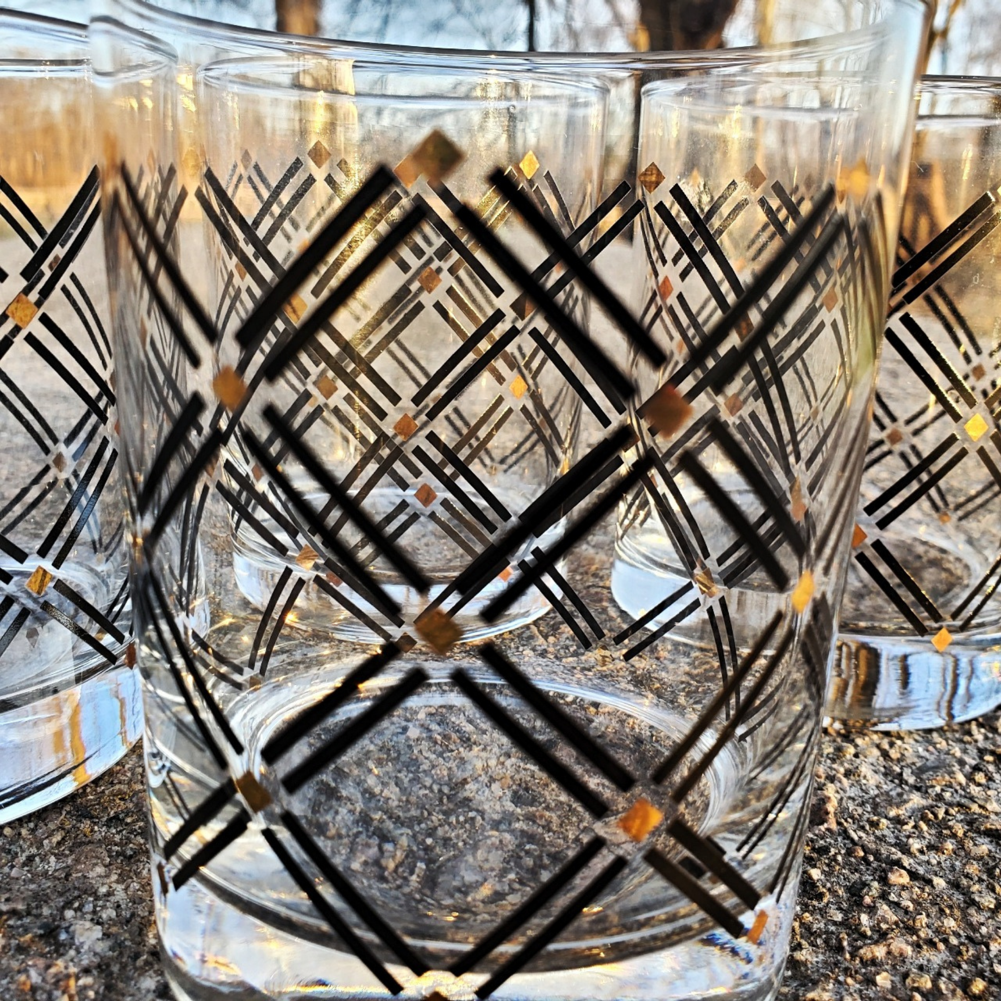 On The Rocks Black Cross Hatch Gold Accents Low Ball Vintage Glasses