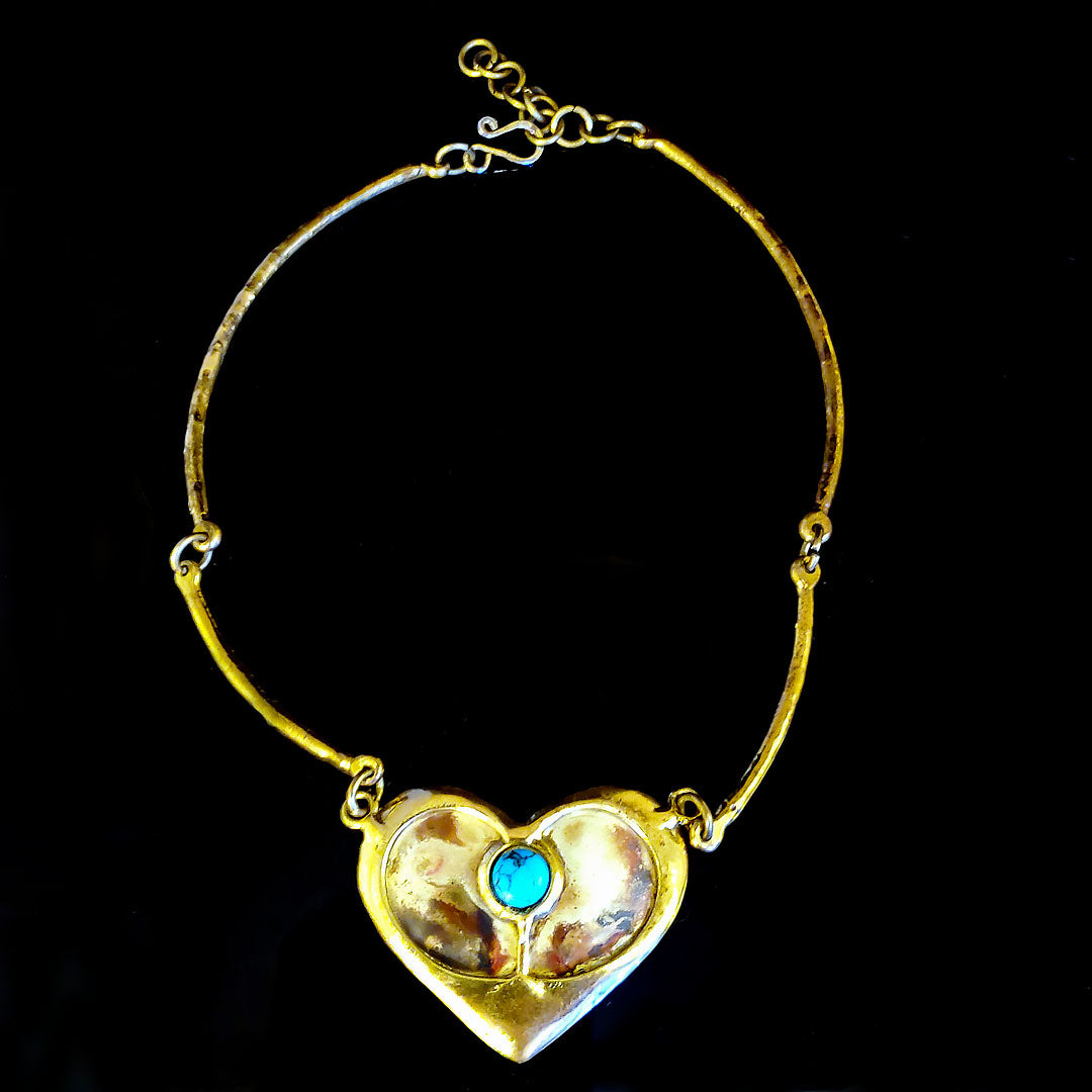 1970's Studio Vintage Brass Heart with Turquoise Center Stone