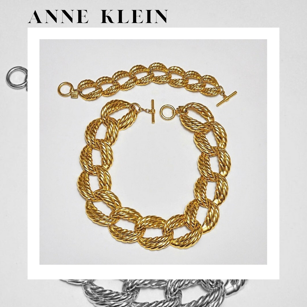 ANNE KLEIN CHUNKY Vintage Gold Plated Rope Link Toggle Necklace Bracelet Set