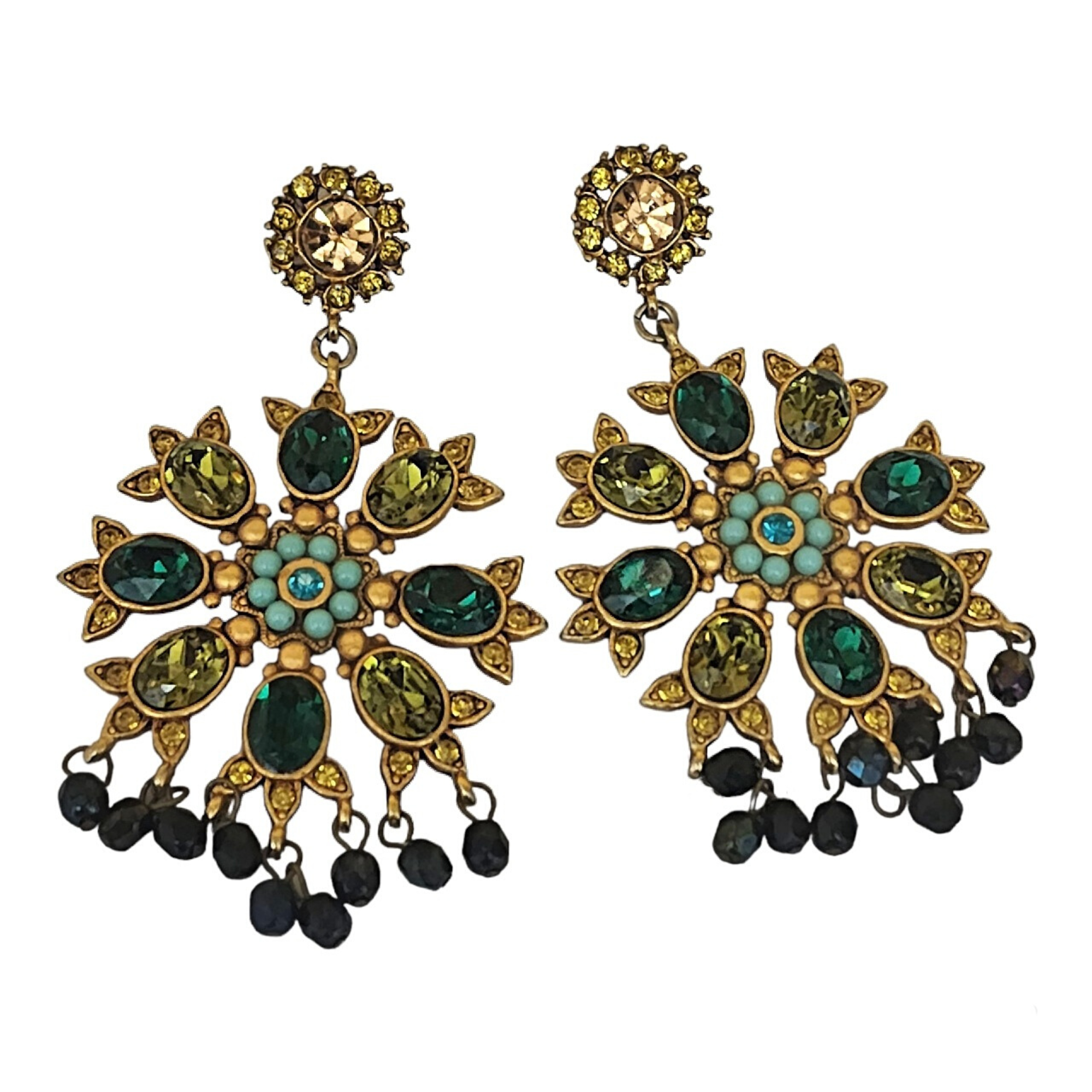 Vintage YOSCA Green Glass Turquoise Dangle Earrings