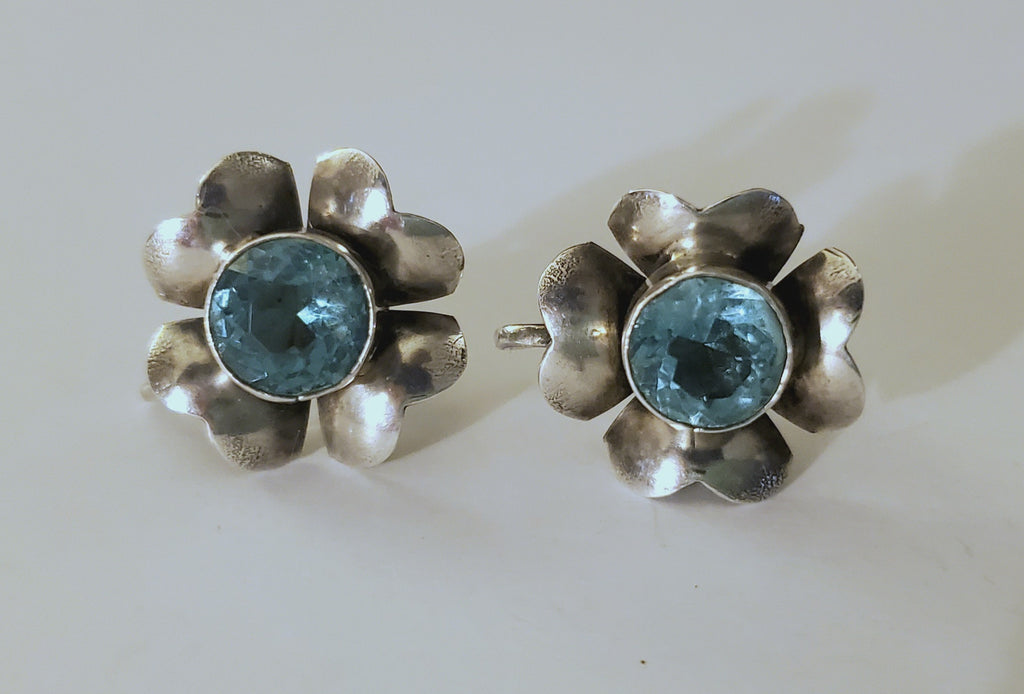 1940s Flower Petite Aquamarine Sterling Silver Earrings