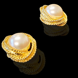 Huge Rope Faux Domed Pearl Design Gold Plated Clip On Vintage Earrings - Chanel Style