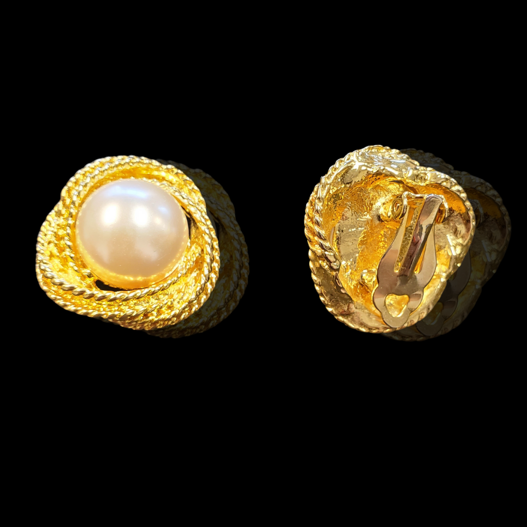 Huge Rope Faux Domed Pearl Design Gold Plated Clip On Vintage Earrings - Chanel Style