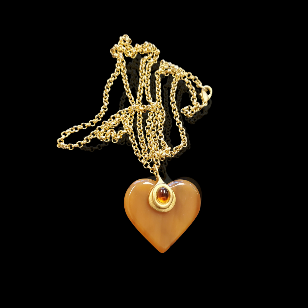 Lucite Heart Faux Blood Orange Amber Pendant 36" Rolo Link Gold Plated Vintage Necklace