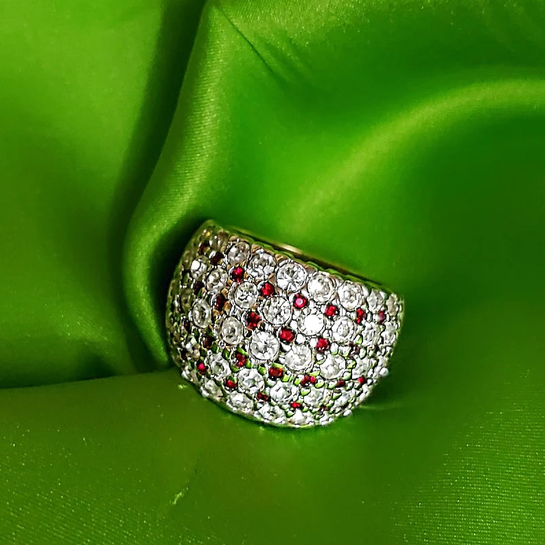 Huge Nolan Miller Pave Clear Ruby Rhinestone Cluster Cocktail Gold Plated Ring Statement Runway Couture