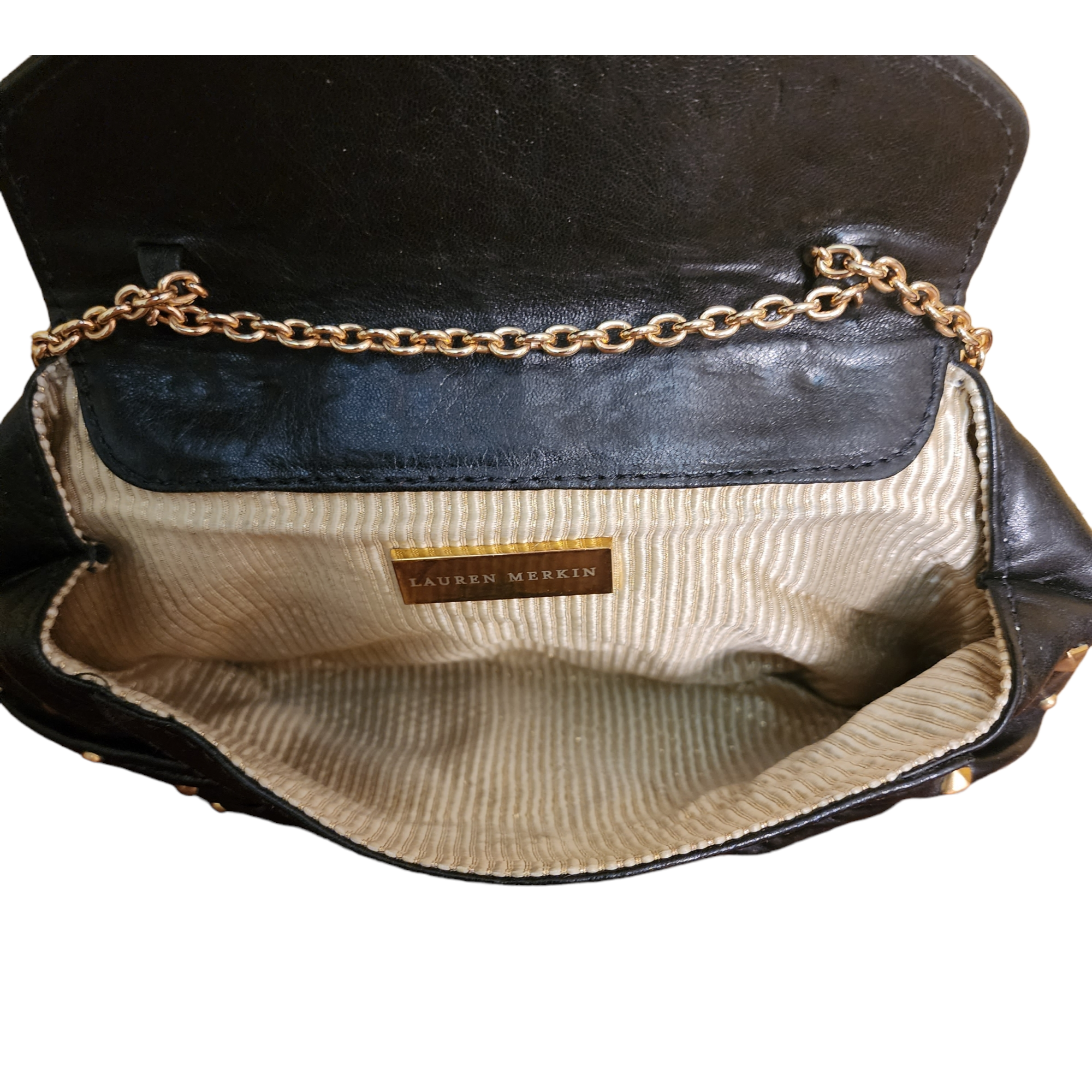 Vintage Lauren Merkin Diana Black Gold Studded Leather Convertible Clutch Handbag