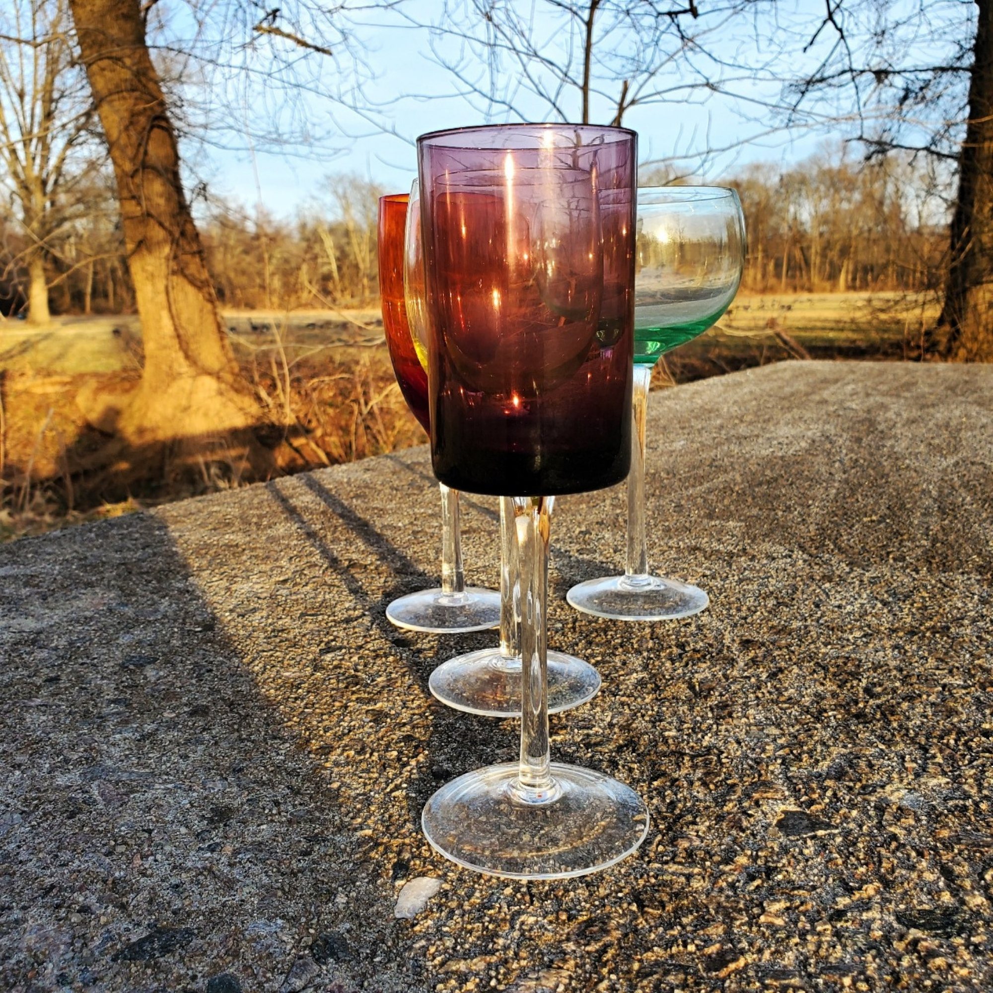 4 Curated Champagne Wine Colored Assorted Mismatch Barware Vintage Glasses