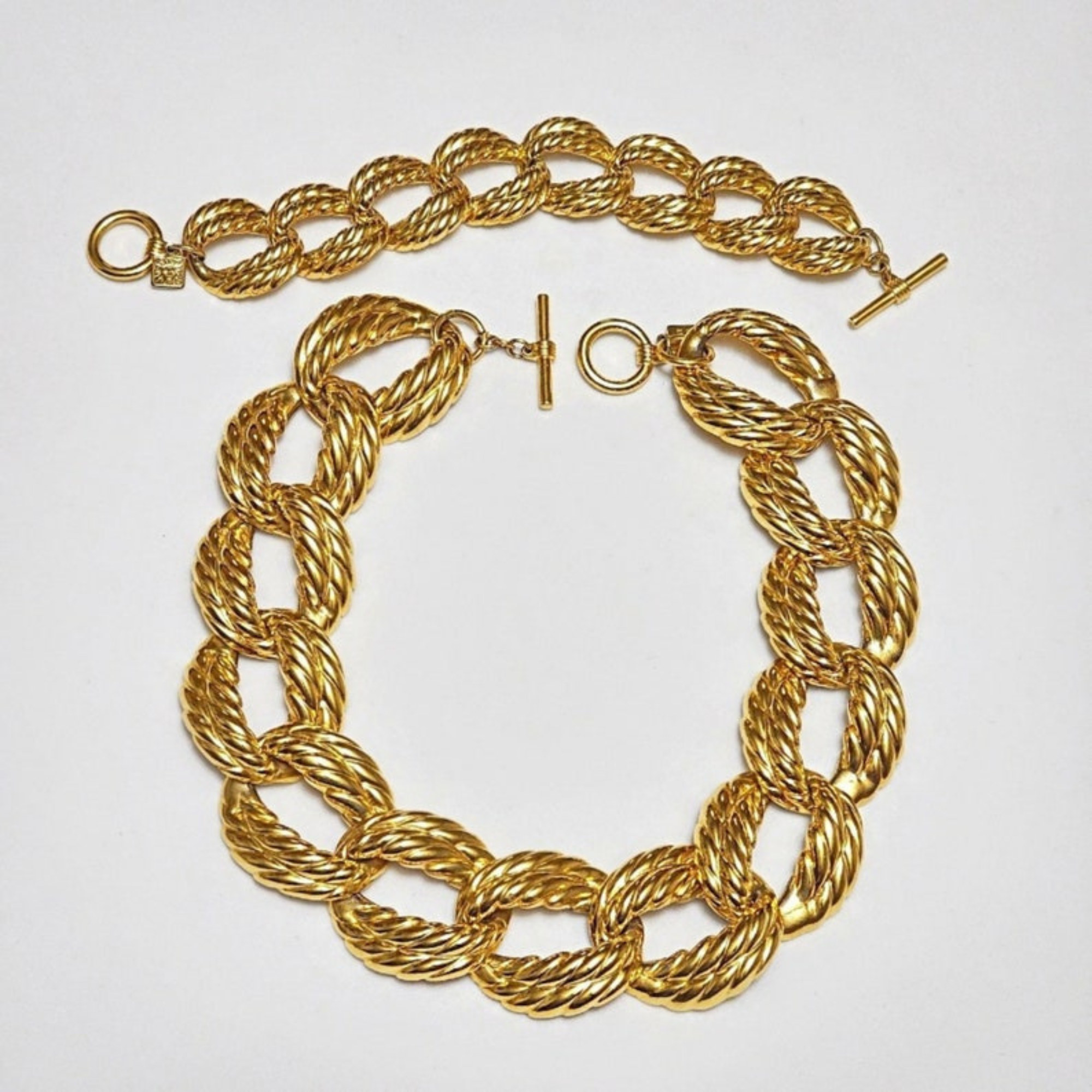 ANNE KLEIN CHUNKY Vintage Gold Plated Rope Link Toggle Necklace Bracelet Set