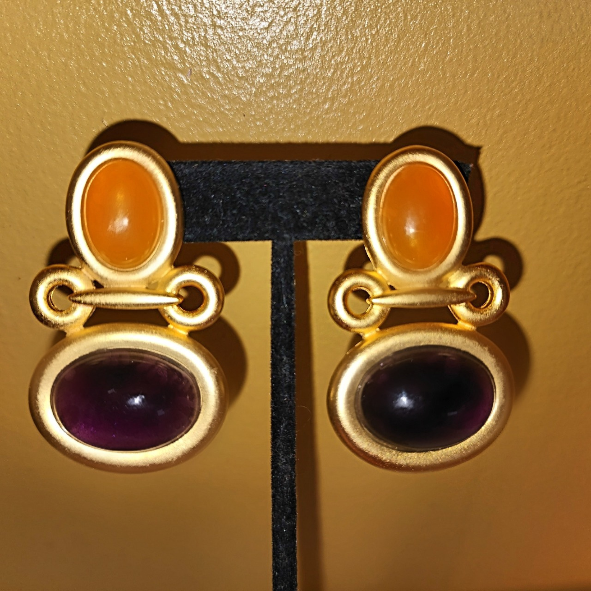 Large Purple Orange Cabochon Gold Plated 80s Vintage Earrinh