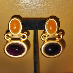 Large Purple Orange Cabochon Gold Plated 80s Vintage Earrinh