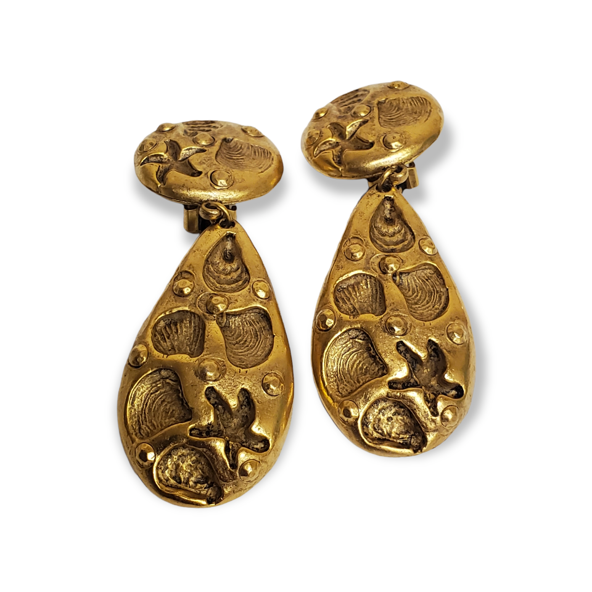 Signed CRAFT Sea Shell Star Fish Gold Plated Dangle Drop Clip On Vintage Earrings Couture Runway