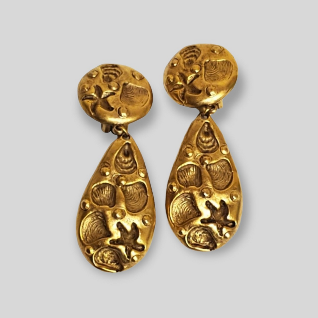 Signed CRAFT Sea Shell Star Fish Gold Plated Dangle Drop Clip On Vintage Earrings Couture Runway