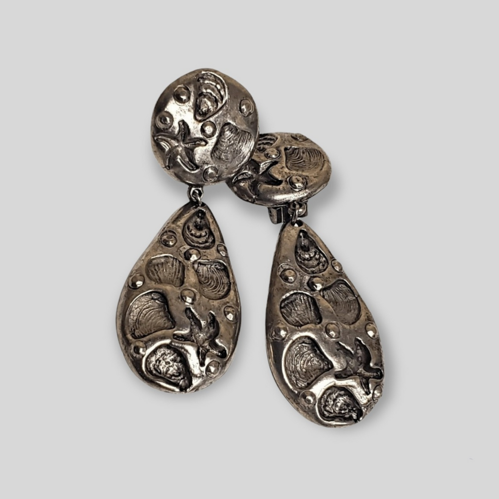 Signed CRAFT Sea Shell Star Fish Silver Tone Dangle Drop Clip On Vintage Earrings Couture Runway