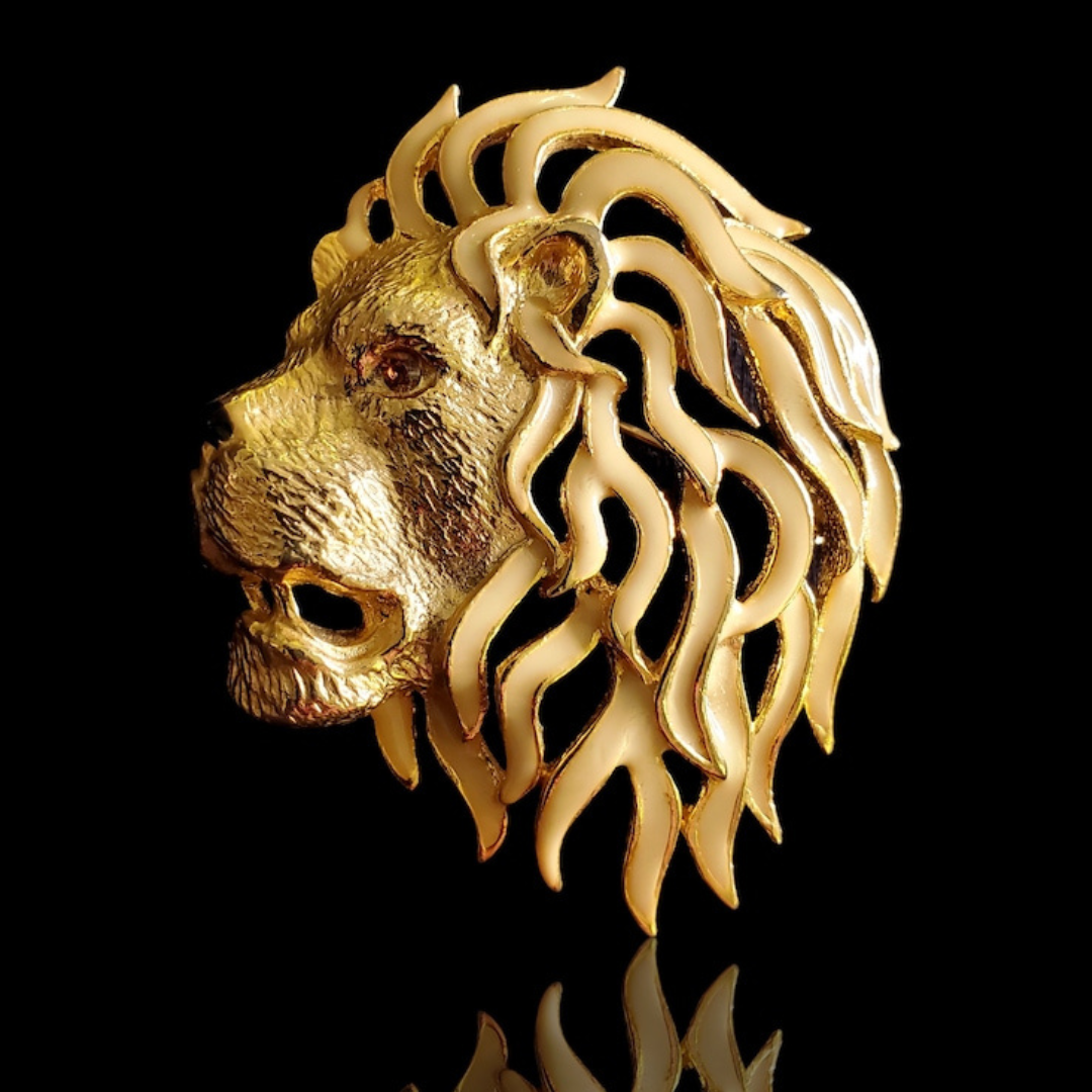 Sphinx of England Enameled Lion Mane Gold Plated Vintage Brooch