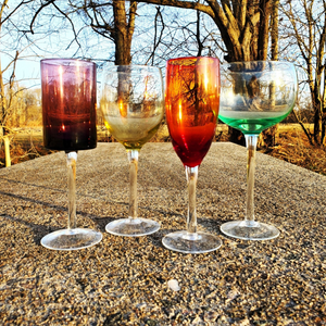 4 Curated Champagne Wine Colored Assorted Mismatch Barware Vintage Glasses