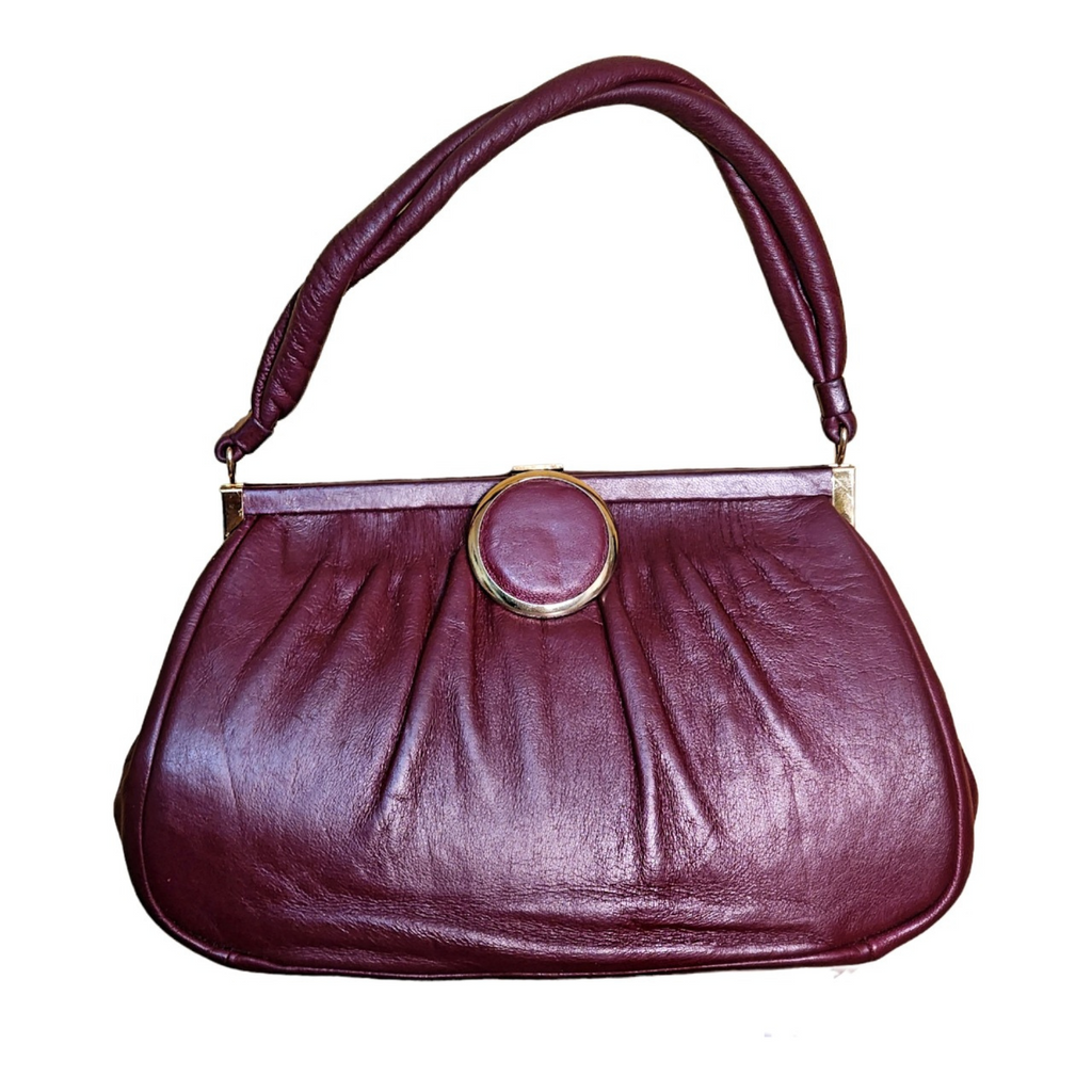 Vintage 60s-70s Maroon Burgundy Leather Gold Tone Top Handle Handbag Purse