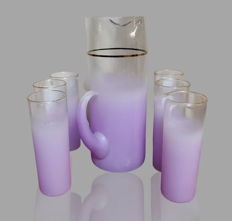 Blendo Purple Lilac Ombre Pitcher and 6 Vintage Glass Set - MCM Lavender Pitcher Set