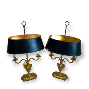 Statement Pair of Decorative Crafts Inc. Brass Bouillote Lamps with Tole Shades