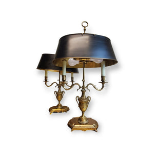 Statement Pair of Decorative Crafts Inc. Brass Bouillote Lamps with Tole Shades