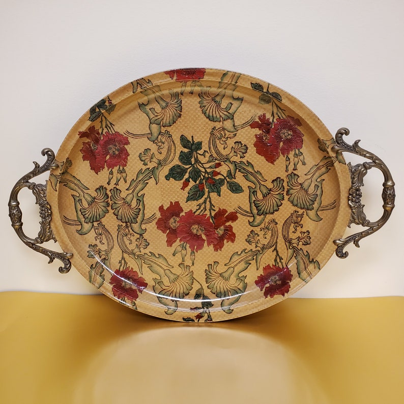 Stunning Castilian Floral Oval Hand Painted Porcelain Brass Handles Tray