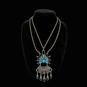 Faux Turquoise & Silver Plated Necklace Quash Blossom Style