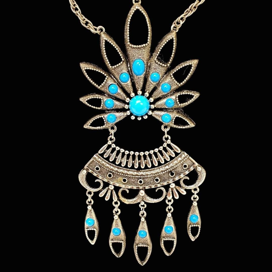 Faux Turquoise & Silver Plated Necklace Quash Blossom Style