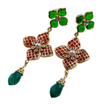 Gripoix Style Glass French Flower Drop Dangle Gold Plated Earrings